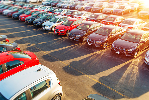 overhead view of used car lot